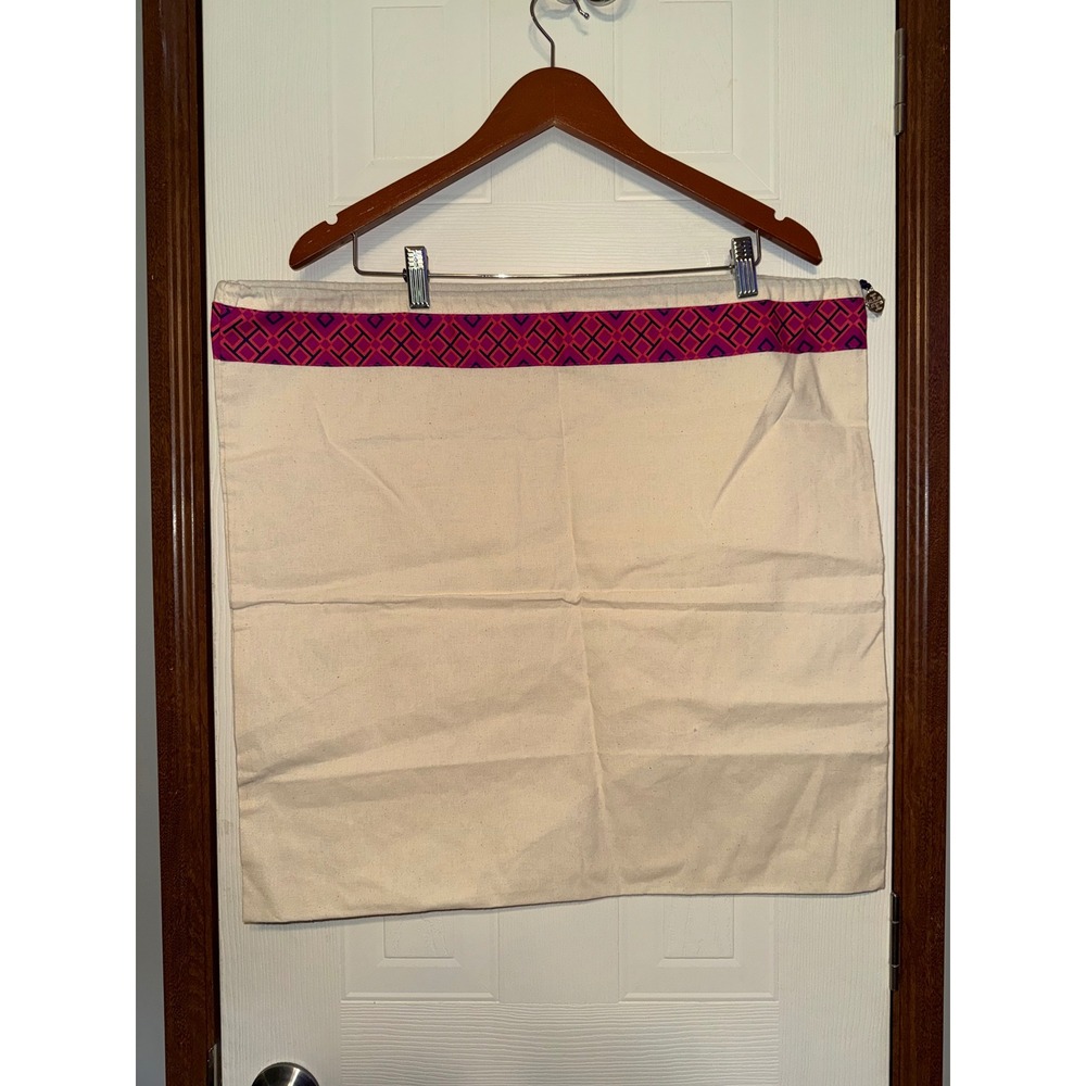 Tory Burch Large Canvas Drawstring Dust Bag Cream Pink Purple Logo Charm OS